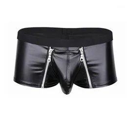 Cuecas Mens Lingerie Faux Leather Underwear Bulge Bolsa com fecho de zíper duplo Boxer Briefs Low Rise Sexy Masculino Panties2678