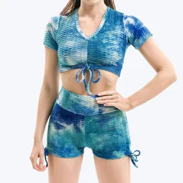 여자 트랙 슈트 여성 Jacquard Camouflage Outfits Seamless Yoga Set Sports Suits 체육관 의류 짧은 소매 V- 넥 드로 스트링 티 탑 및