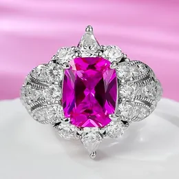 Anel de diamante rosa rainha coroa 100% prata esterlina real festa de casamento anéis de banda para mulheres joias de noivado presente