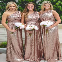 Lång paljett Rose Gold Bridesmaid Dresses Sequin One Shoulder Plus Size Wedding Gästklänningar Arabiska piga av hedersklänningar Wholesal200a