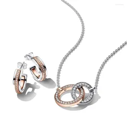 Halsbandörhängen Set 925 Sterling Silver Pan Signature Two Tone Logo Pave Bave and Interwined Circles for Women