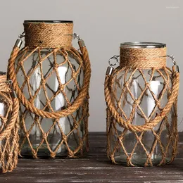 Vasen Handgewebtes Seil Glas Transparente Vase Dekor Ornamente Blume Kreativ Retro Hängendes Zuhause Postmodern