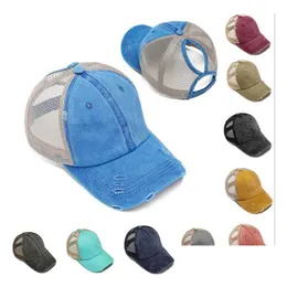 10 couleurs S Washed Cotton Messy Bun Summer Trucker Pony Hat Uni Visor Chapeaux Casquette Snapback Extérieure Pour Femmes Hommes Plage Drop Livraison
