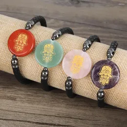 Pulseras de encanto XUANYU Geométrico Redondo Piedra Natural Palm Demon Eye Hebilla de acero inoxidable Estilo Punk Pulsera de cuero para hombres y mujeres