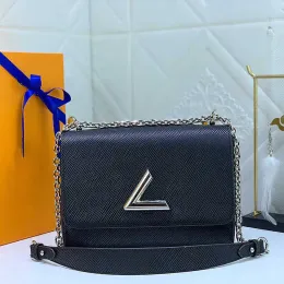 Высококачественные кожаные дизайнерские сумки Женские сумки на ремне с V-образным замком и цепочкой с клапаном Сумки Twist Женская сумка через плечо Леди Pochette Tote Среднего размера Черная сумка