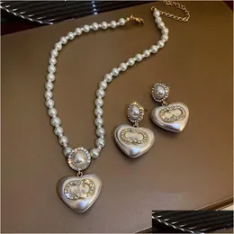 Famoso designer con doppio anello, collana con ciondolo, orecchini 2 in 1, set, a forma di perla, a forma di cuore, gioielli di moda di lusso