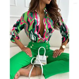 Women's Blouses Elegant Blouse Fashion Print Shirts Spring/Summer Chiffon Loose V-neck Top Office Lady Long Sleeve Shirt