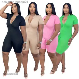 Mulheres Macacões Macacão Desinger Mulheres Macacões Macacão Bodysuit Casual Zipper Magro Manga Curta Vneck Onesies Senhoras Yoga Shorts Plus Size XL5XL CW232 L23091