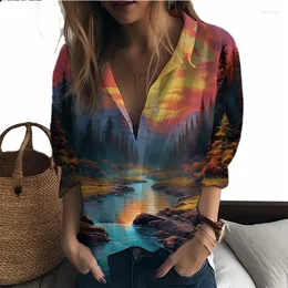 Kvinnors blusar Summer Lady Shirt Valley Landscape 3D Printed Casual Semester Style Ladies Fashion Trend Loose
