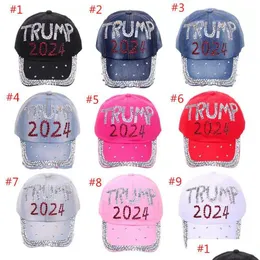 Cappelli da festa Trump 2024 Cappello di jeans Berretto da baseball con diamanti casual Cotone regolabile Consegna di goccia all'ingrosso Forniture festive per giardino domestico Dhqea