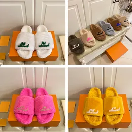 Lyxdesigner Kvinnor Sandaler inomhus päls utomhus glider varumärke ull sandal gummi höst och vinter tofflor äkta läder platt bottenväder tofflor