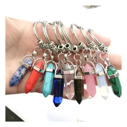 9 färger Chakra Hexagon Prism Natural Stone Keychain Alloy Crystal Key Ring Handväska hänger modesmycken gåva släpp leverans