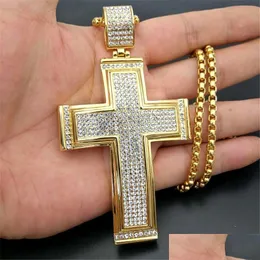 Anhänger Halsketten Hip Hop Iced Out Big Cross Halskette für Männer Gold Farbe Edelstahl Strass Hiphop Christian Jewelrypendant Dr Dh37I