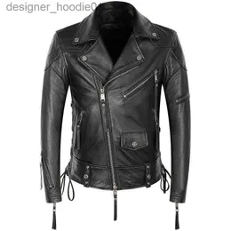 Pele do falso da motocicleta jaqueta de couro dos homens genuíno casaco de couro punk rock traje zíperes rendas até fino curto l230913