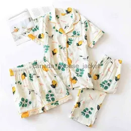 Damski Sleep Lounge 3PCS Piękny druk owocowy Summer cienki damska bawełniana odzież domowa z bawełny z krótkim rękawem + spodnie + szorty samice 210325L230913