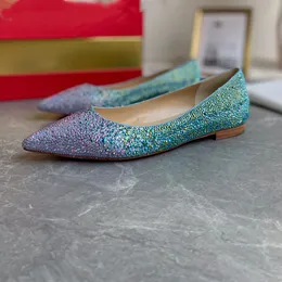 Otoño Nuevo Boca baja puntiaguda Parte inferior roja Zapatos planos para mujer Color degradado Diamante completo Estilo de hadas Zapatos individuales Zapatos de boda con diamantes de imitación Zapato de tacón bajo con suela roja