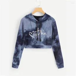 Sudaderas con Capucha para Mujer Suéter/Lana con Letras Tie-Dye Estampado con Capucha Ombligo Corto Manga Larga Sudadera con Capucha Sudadera con Capucha para Mujer