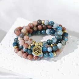 Strand 108 Beads Mala Wrap Bracelet For Woman Apatite Natural Stone And Lotus Necklace Buddhist Jewelry Braceletes Pulseras Mujer