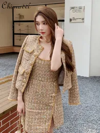 Women's Wool Blends Autumn and Winter Camel Gold Tweed Crew Neck Coat Kvinnliga mode Single-Breasted Commuter's All-Matching Jackets Women 230912