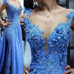 Blue Lace Appliques Mother of the Bride Dresses Illusion Pearls Beading Formal Godmother Evening Wedding Party Gäster GOWS PLUS286A