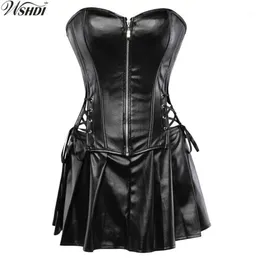 Black Faux Leather Corset Dress Overbust Boned Basque Mini Skirt Sexy Lingerie Bodyshaper Slimsuit Nightwear S-6XL Plus Size12427