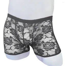Sous-vêtements Sexy hommes Sissy Boxer dentelle Ultra-mince slips transparents broderie florale Shorts culottes sous-vêtements élastiques Gay érotique Lingerie