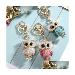 Creative Bag Pendant Inlaid With Diamond Owl Metal Keychain Cute Cartoon Animal Keychains Car Keyring Drop Delivery