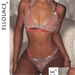 Navel Bell -knappringar Ellolace Y Crystal Bralette underkläder Set Women s Underwear Jewelry for Lady Chain Bling Bra och Thong Drop Del Dhldr