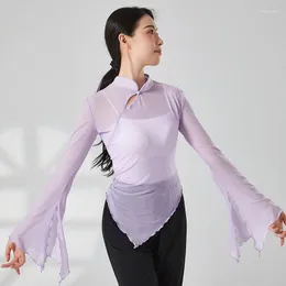 Stage Wear Adult Slim Fit Semi Transparent Stand Collar Belly Dance Blouse Long Flare Sleeve Top Costume For Women Dancing Clothes