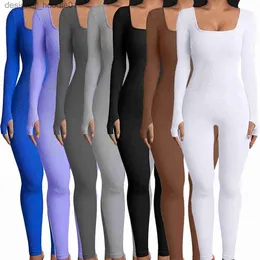 Kvinnors jumpsuits rompers Womens Jumpsuits 2023 Spring Women Fashion Clothes Low Collar Long Sleeve Elegant Bodysuits Ribbed Knit One Piece Women Jumpsuit L230913