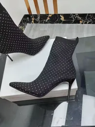 Kvinnors spetsiga vinterhöga klackar fashionabla strass elastiska duk äkta läder strumpor skor landbanan visar fest bröllop smal montering zippered skor 35-42