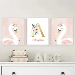 Pink Crown Swan Golden Customized Baby & Kids Name Posters and Prints Nursery Wall Art Canvas Paintings for Girls Bedroom DecorL01