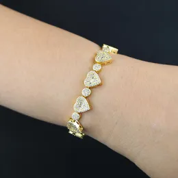 Gold Plate Color Mini Heart Love with Round Circle Charm Link Chain Bangle Elegant Bracelet Hip Hop Bling Women Paved Full Cubic Zirconia Party Gift Wholesale Jewelry