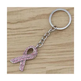 Öffentliche Werbung Brustkrebs-Bewusstseins-Schlüsselanhänger Rame Pink Caring For Sign Ribbon-Schlüsselanhänger Frauen Mann Autoschlüssel Tasche Dekoration Drop Deliver