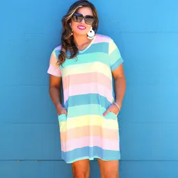 Large Short Sleeve Dress Summer Fat mm Fashion Outwear Stripe Contrast V-Neck
