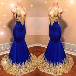 Royal Blue Mermaid Prom Dresses 2022 with Gold Lace Appliqued New African Beads 스팽글 이브닝 가운 여성 섹시 반사 드레스 2612