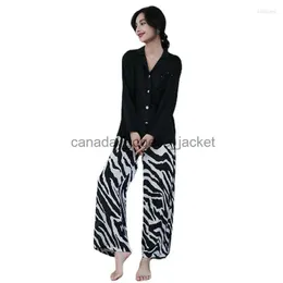 Women's Sleep Lounge Women's Sleepwear Ice Silk Pyjamas Women's Spring and Autumn Fashion Leisure Zebra Lång ärm Tvådelar Löst hemkläder230913