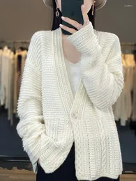 Kvinnors stickor Cardigan 2023 Spring/Autumn Sweater Casual Knit Loose Ladies Tops V Neck Over vide Thicked One Button Blus