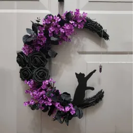 装飾的な花の花輪湾曲した月ブラックキャットフラワードアウォールハンギングペンダントハロウィーンシミュレーションプラントぶどうバインリングガーランドホームデコレーション230912