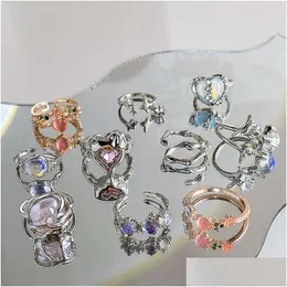 Cluster Ringe Kpop Retro Gothic Silber Farbe Herz Metall Ring für Frauen Mädchen Vintage Y2K Kristall Offene Punk Geometrie Party Schmuck Drop Dh0Kf