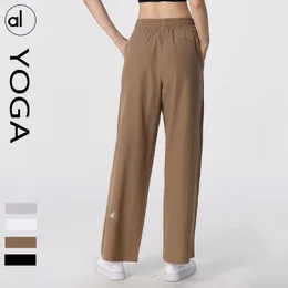 Al08 Yoga bär kvinnors joggingbyxor redo att dra repet stretchig lös bred ben ytterkläder med hög midja andas raka benbyxor