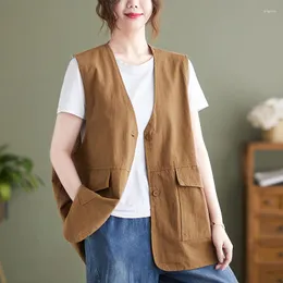 女性のベスト日本の韓国スタイルポケットコットンリネンビンテージルーズ夏の秋のアウトウェアベストトップファッション女性スプリングカジュアルシャツ