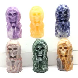 Decorative Objects Figurines 60mm Natural Stone Carved Wizard Skeleton Statue Healing Crystal Skull Sculpture Halloween Gemstones Crafts Gift 230912