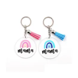 Mode Colorf Acryl Regenbogen Mama Schlüsselanhänger mit Blume Herz Hoop Schlüsselanhänger für Auto Tasche Anhänger Muttertag Geschenk Drop Lieferung