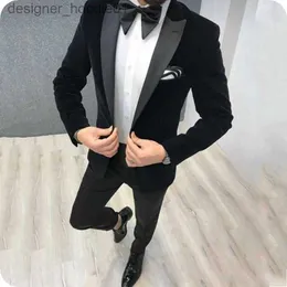 Erkekler Suits Blazers Yüksek Kaliteli Bir Düğme Siyah Kadife Damat Smokin Tepe Yoklu Erkekler Takımlar 2 Parça Düğün/Balo/Akşam Yemeği Blazer (Ceket+Pantolon+Kravat) W701 L230914