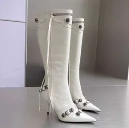Women's dermis stiletto Knee length boots tassel pointed locomotive stud buckle embellished side zip Luxury designer factory footwear fashions