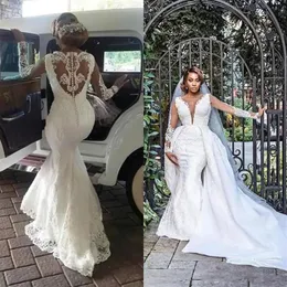 Wedding Dresses White Mermaid Bridal Gowns Ivory Formal Trumpet Applique New Plus Size Custom Zipper Lace Up Lace Long Sleeve Tulle Detachable Train Button Illusion