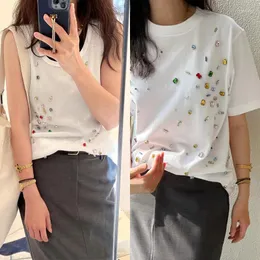 Kadın Tişörtleri Lüks Yaz Kadınlar El Yapımı Renkli Elmaslar Boncuklu T-Shirtler Gevşek Kısa Kollu Rhinestonestees Kristal Tank O yakalı mahsul
