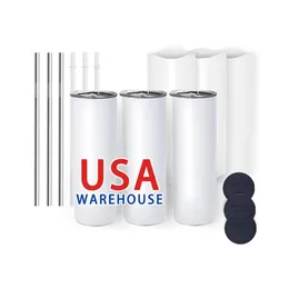 CAN USA Stcked 20oz Stainless Steel Mugs White Straight Slim Sublimation Blanks Tumblers Heat Press Cups With straw 914