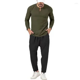 Herrespår 2023 Spring och Autumn Solid Color Simple Sports Fitness Bottom Shirt Retro Heavyweight Thin V-Neck Henry Suit